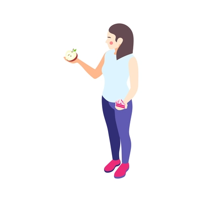 Woman on diet isometric composition with female character holding cake and apple in hands vector illustration