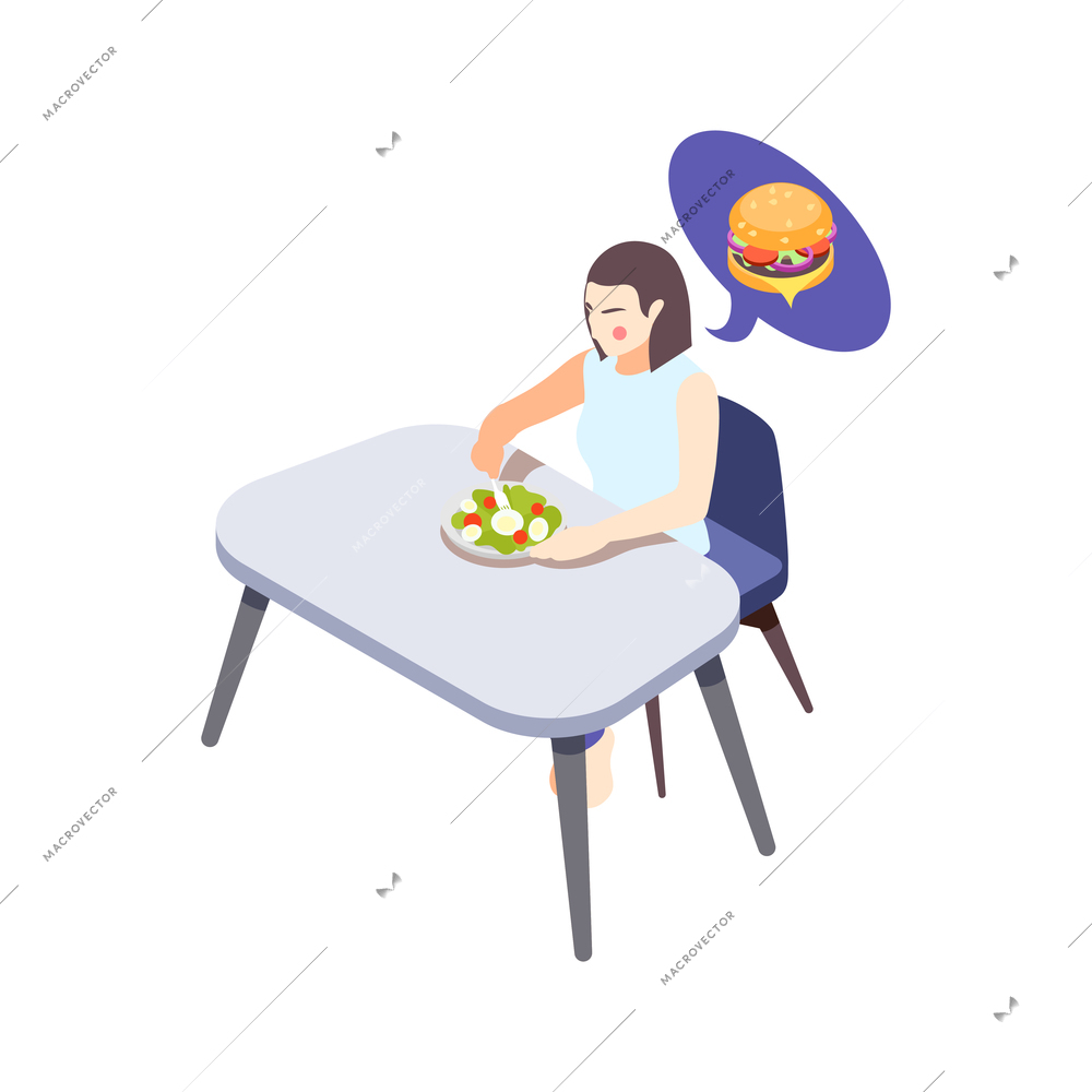 Woman on diet isometric composition with female character sitting at table eating salad dreaming of burger vector illustration