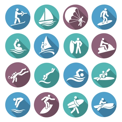 Water sports white icons set with diving sailing windsurfing people isolated vector illustration