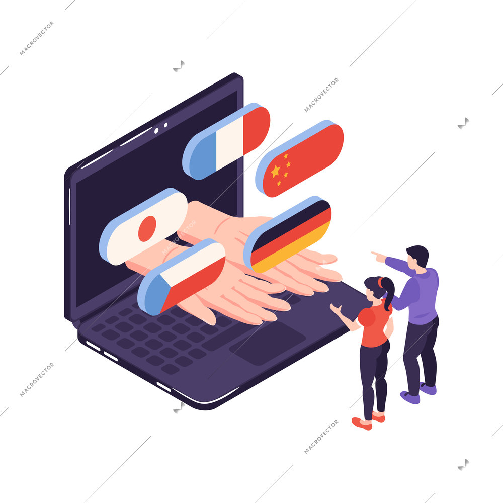 Isometric language center courses composition with image of laptop human hands with national flags and people vector illustration