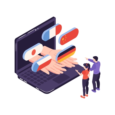 Isometric language center courses composition with image of laptop human hands with national flags and people vector illustration