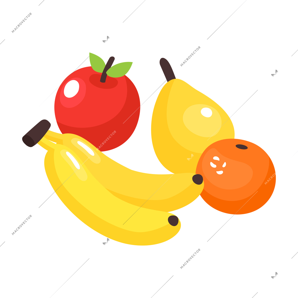 Isometric dietician nutritionist composition with icons of pear apple banana bunch and orange vector illustration