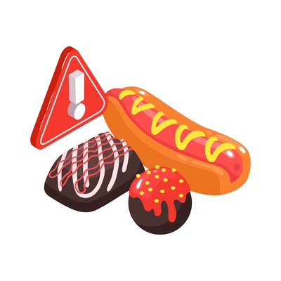 Isometric dietician nutritionist composition with caution sign and images of sweet cakes and hotdog vector illustration
