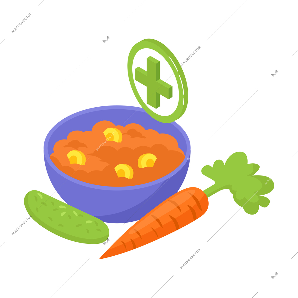 Isometric dietician nutritionist composition with medical cross sign and dish with porridge and carrot with cucumber vector illustration