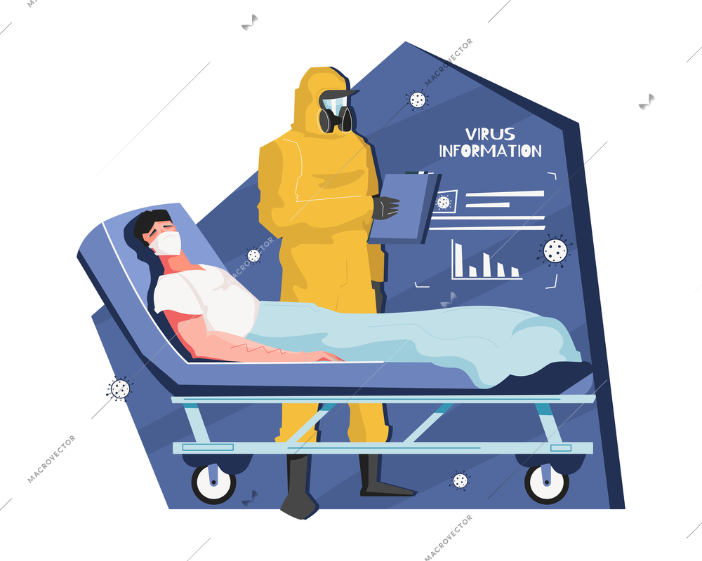 Pandemic coronavirus flat composition with sick person on crash cart with person in chemical protection suit vector illustration