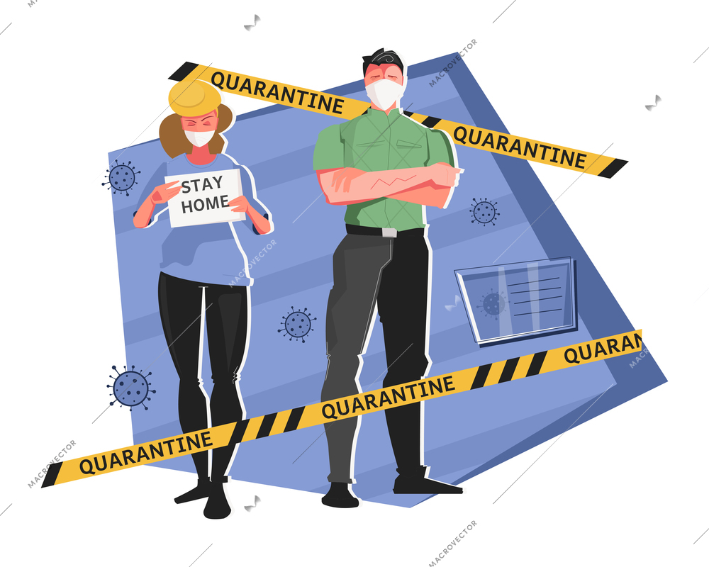 Pandemic coronavirus flat composition with people in masks standing behind quarantine barrier lines vector illustration