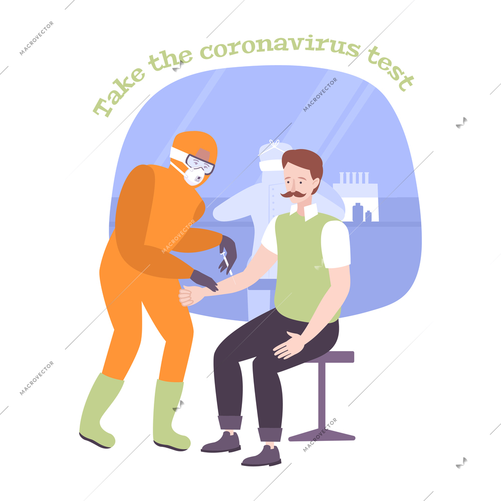 Coronavirus composition with medical specialist in protective suit taking blood from patient vector illustration