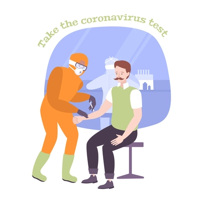 Coronavirus composition with medical specialist in protective suit taking blood from patient vector illustration