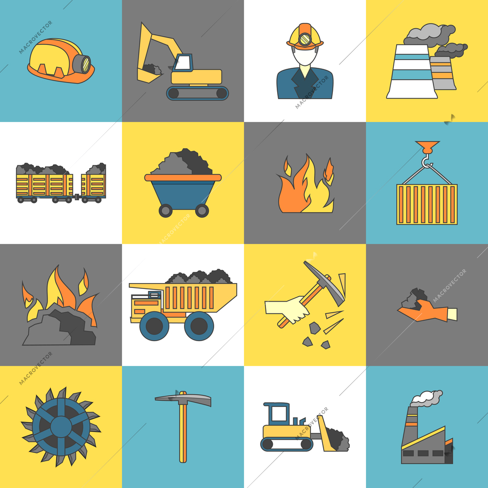 Coal machinery factory mining machinery flat line icons set isolated vector illustration