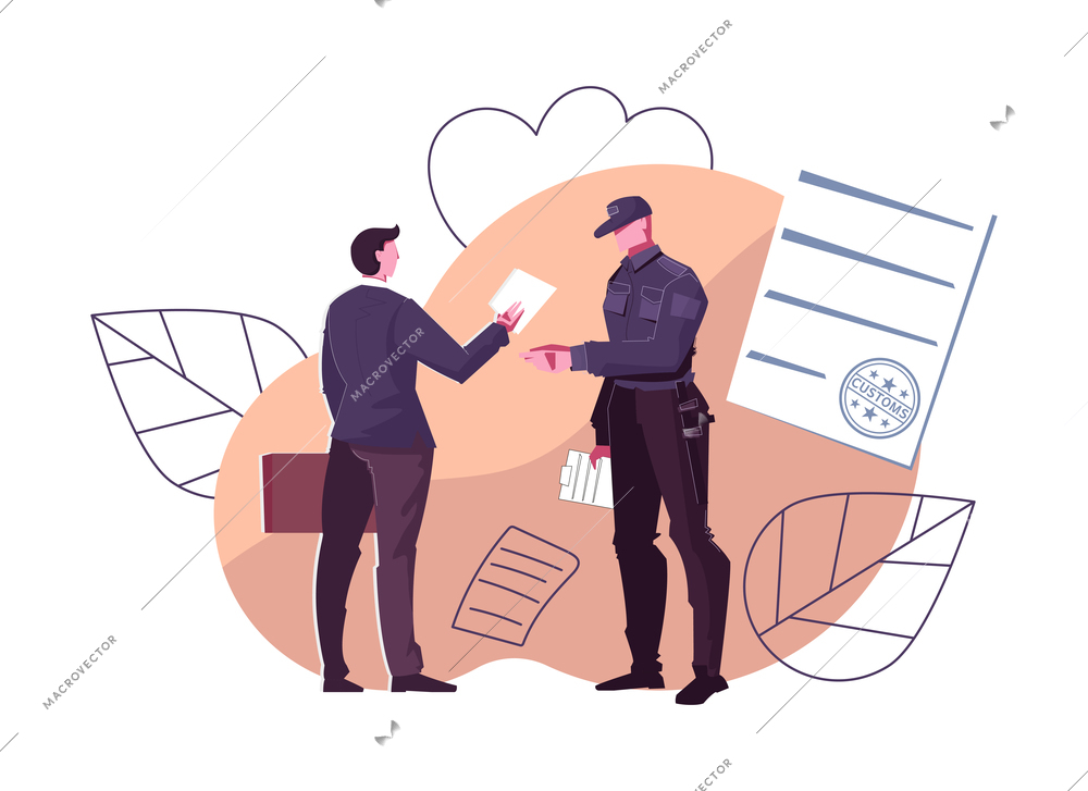 Customs control flat composition with traveling person showing papers to border guard vector illustration