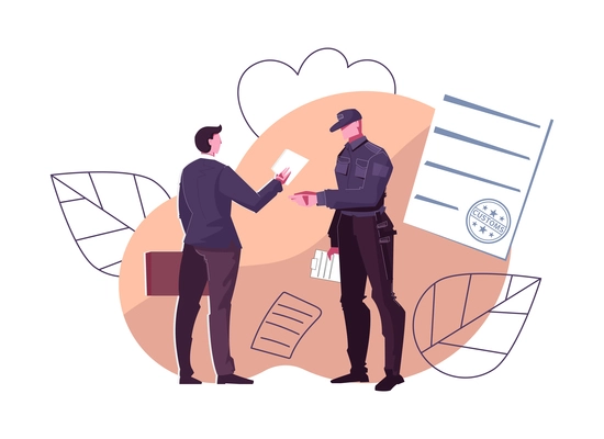 Customs control flat composition with traveling person showing papers to border guard vector illustration