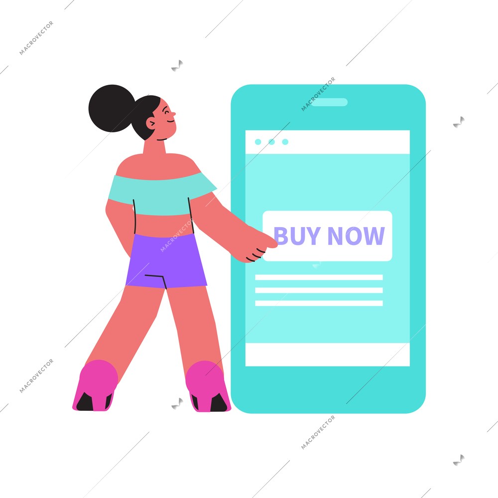 Online shopping flat composition with female character touching buy now button on gadget vector illustration