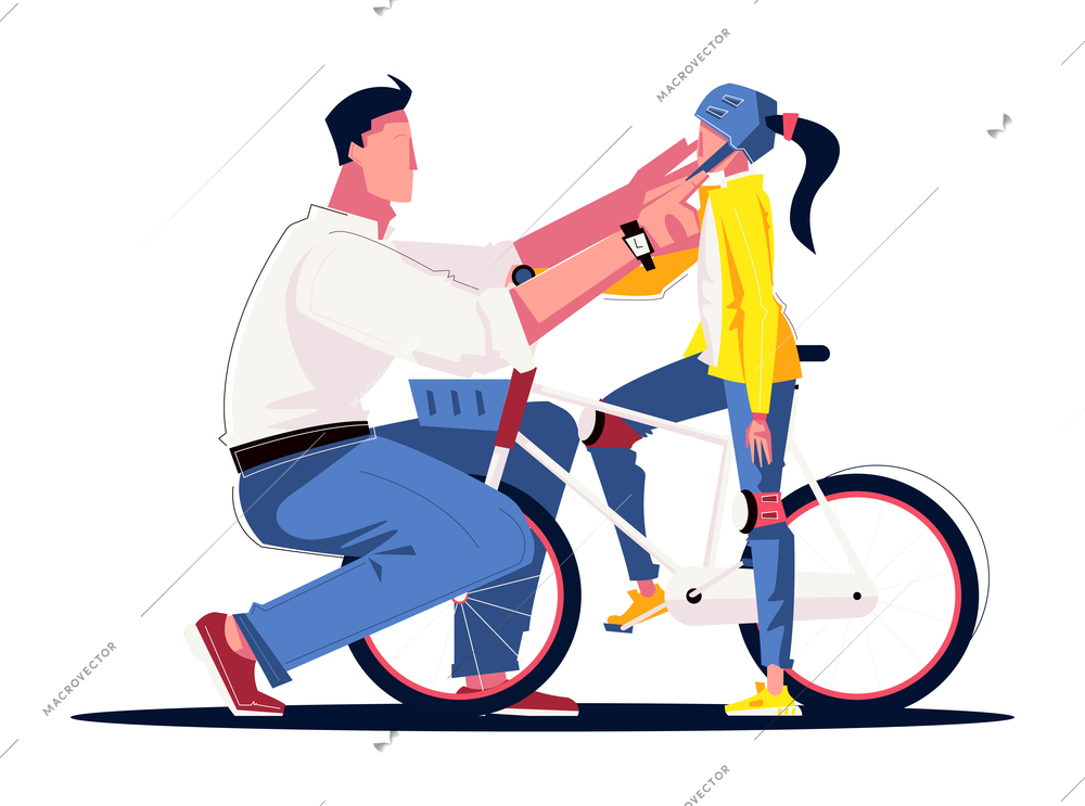 Dad flat composition with character of daddy wearing helmet on her daughter ready to ride bicycle vector illustration