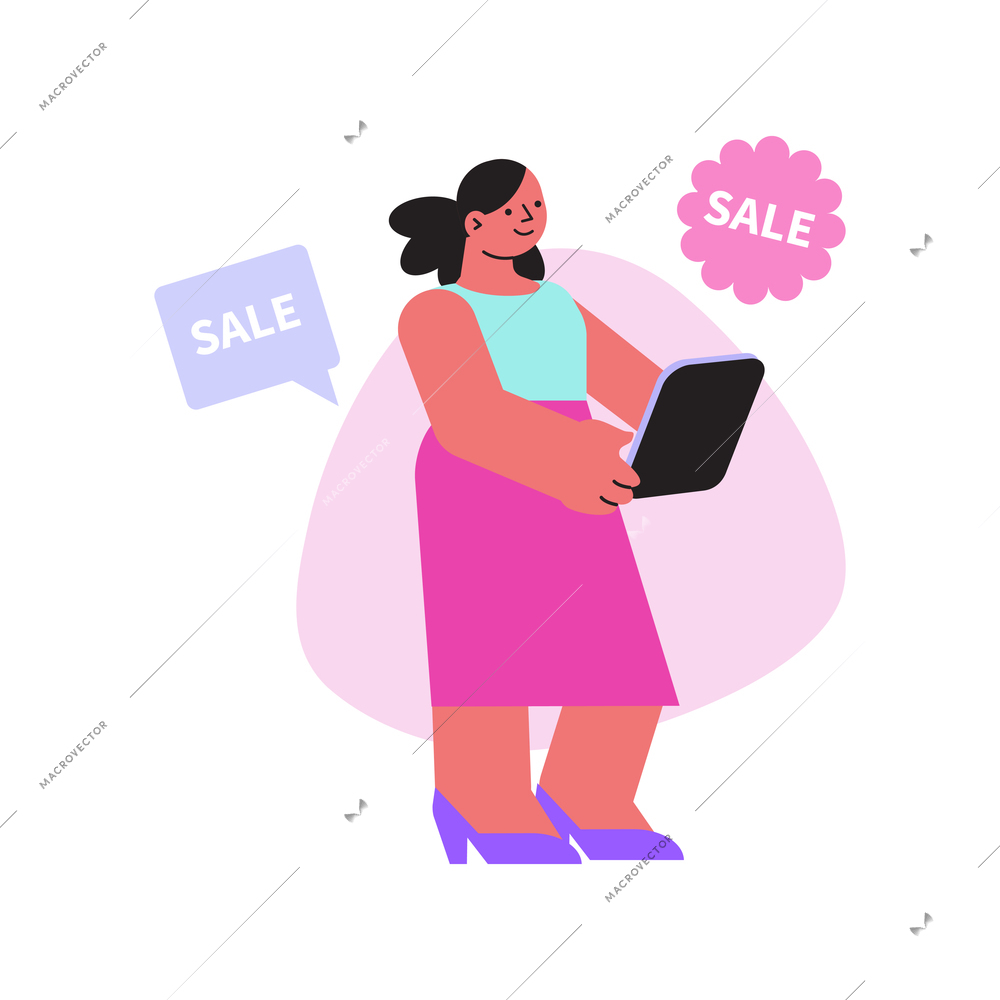 Online shopping flat composition with badge and thought bubble with sale text and woman working with tablet vector illustration