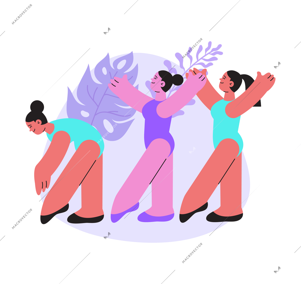 Dancing school flat composition with group of three dancing characters of girls with floral background vector illustration