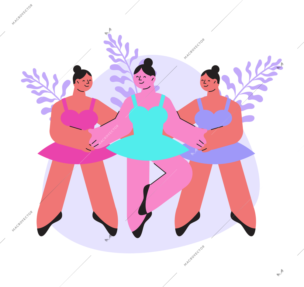 Dancing school flat composition with characters of three women dancing ballet in skirts with floral background vector illustration