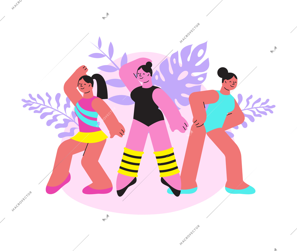 Dancing school flat composition with characters of three girls in modern costumes dancing contemporary with floral background vector illustration