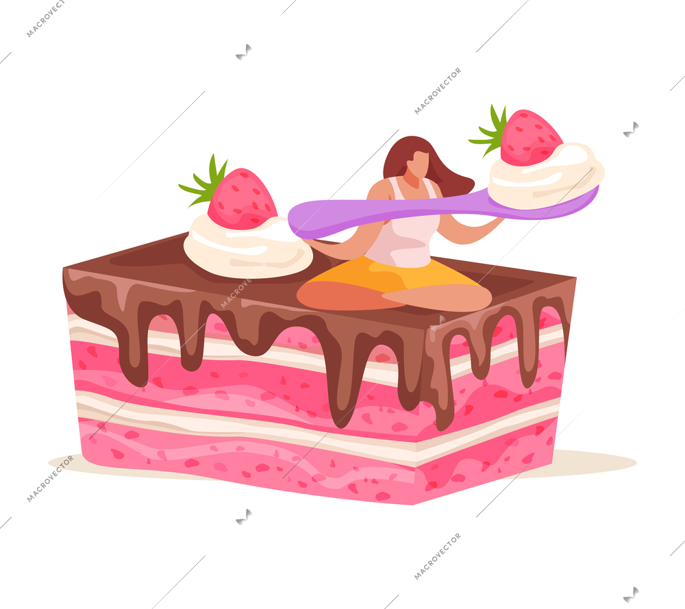 Sweets and people flat composition with female character sitting on top of slice of strawberry cake vector illustration