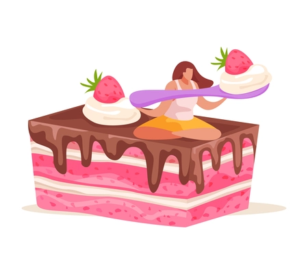 Sweets and people flat composition with female character sitting on top of slice of strawberry cake vector illustration