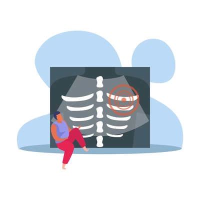 Orthopedics clinic flat composition with character of patient with bones radiogram and spot point vector illustration