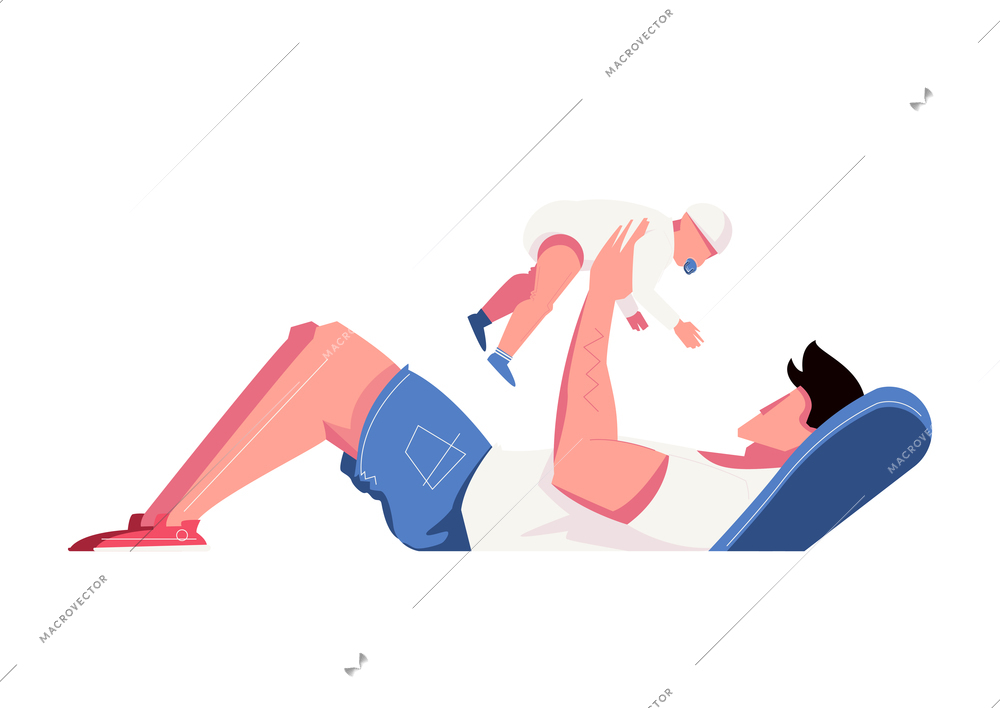 Dad flat composition with character of lying man dandling little baby in arms vector illustration