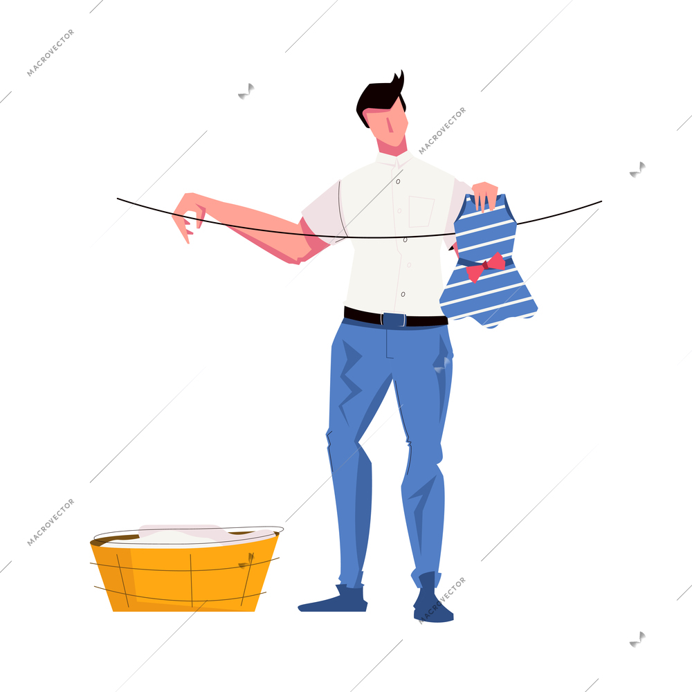 Dad flat composition with male character hanging out the laundry on rope vector illustration