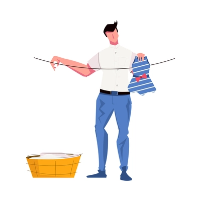 Dad flat composition with male character hanging out the laundry on rope vector illustration