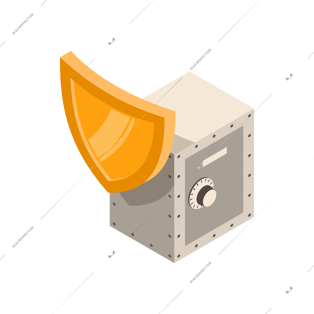 Isometric bank composition with image of safe box and golden shield icon vector illustration