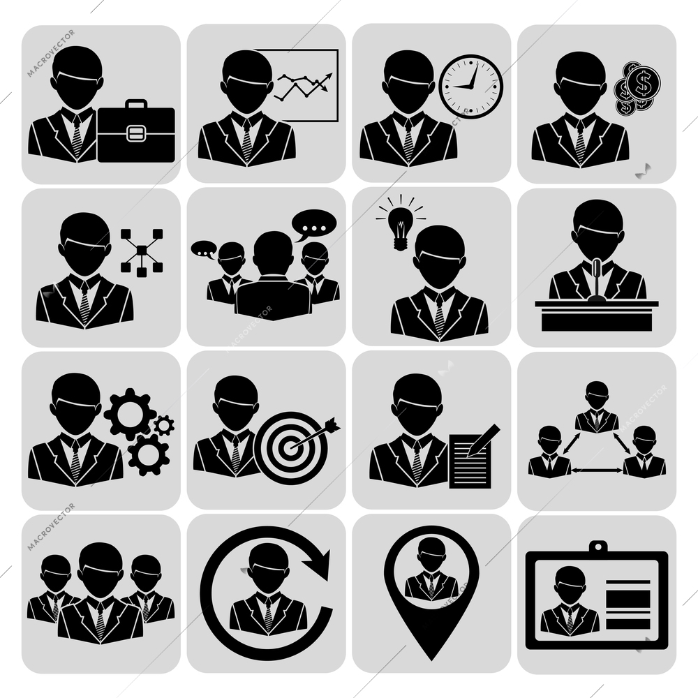 Business and management icons black set with company team avatars isolated vector illustration