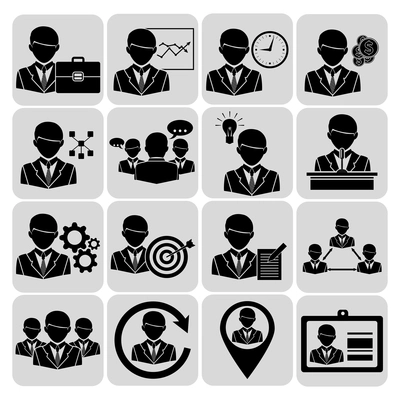 Business and management icons black set with company team avatars isolated vector illustration