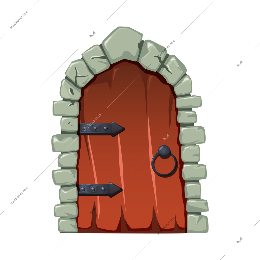 Cartoon doors composition with isolated image of fairytale wooden door with round handle vector illustration