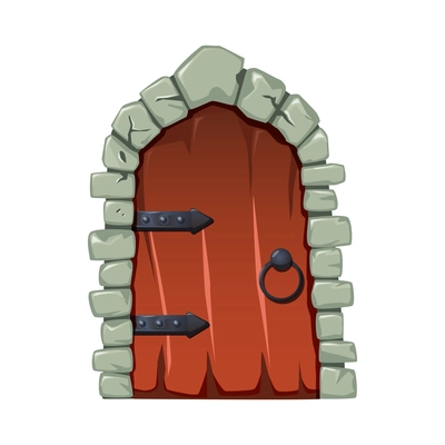 Cartoon doors composition with isolated image of fairytale wooden door with round handle vector illustration