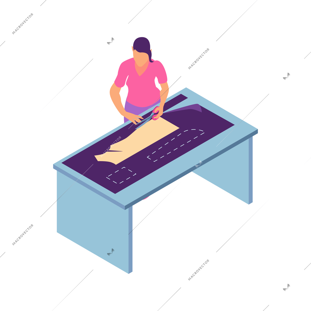 Isometric sewing workshop studio composition with female character of tailor cutting dress pattern with scissors vector illustration