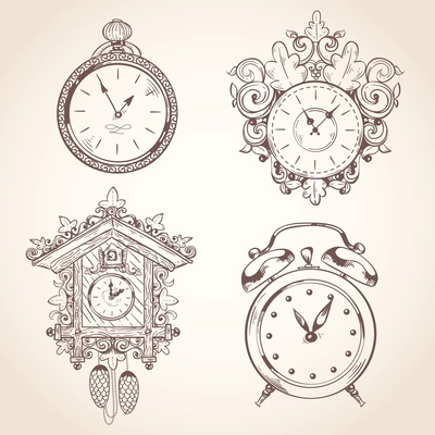 Old vintage clock and stopwatch sketch set isolated vector illustration