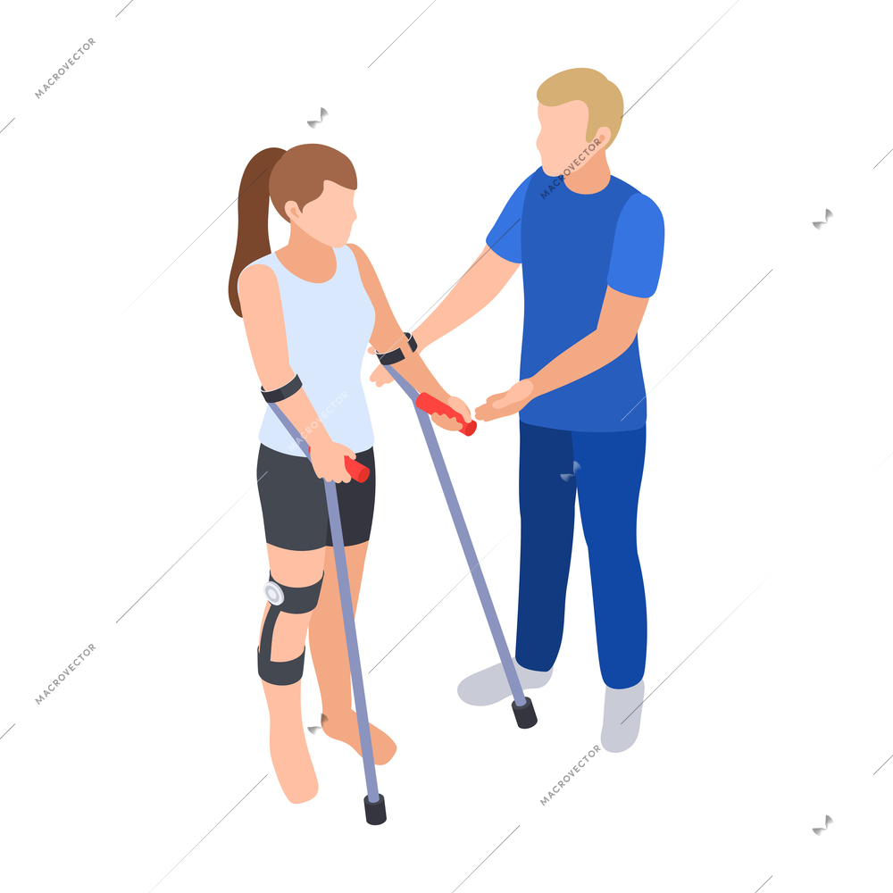Physiotherapy rehabilitation isometric composition with girl standing on crutches and assisting doctor vector illustration