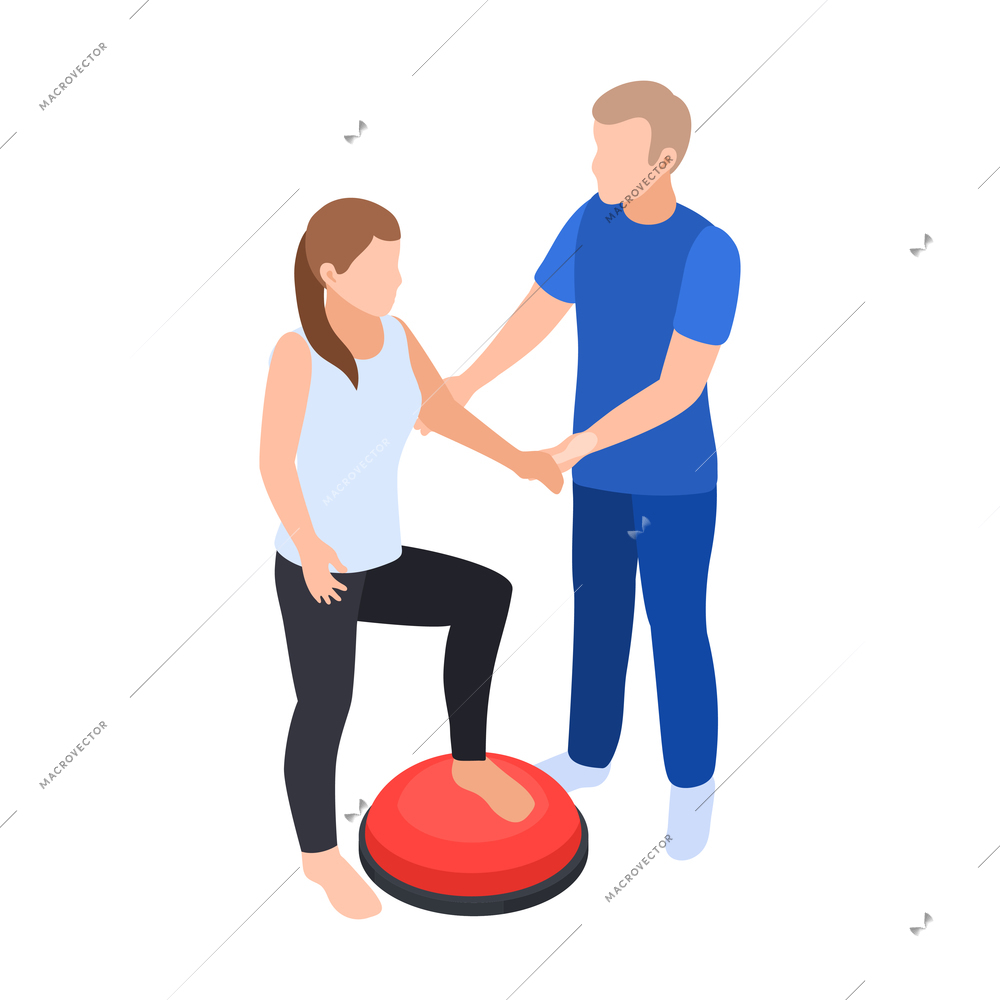 Physiotherapy rehabilitation isometric composition with characters of doctor and patient doing feet exercise vector illustration