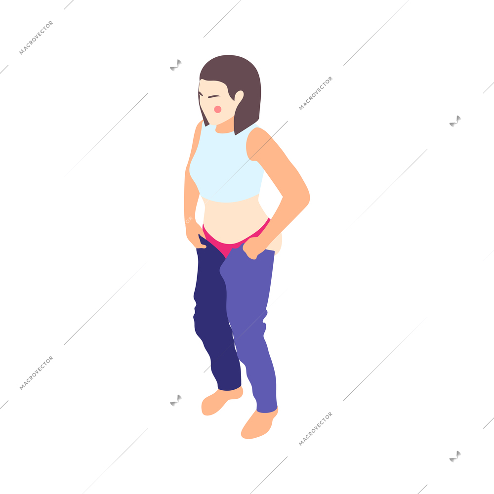 Woman on diet isometric composition with female character trying to fit into old pants vector illustration