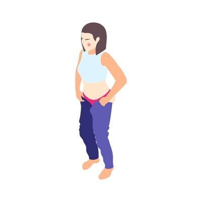 Woman on diet isometric composition with female character trying to fit into old pants vector illustration