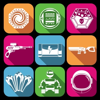 Space computer game elements collection white icons set isolated vector illustration