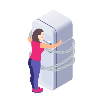 Woman on diet isometric composition with female character hugging fridge covered with chains vector illustration