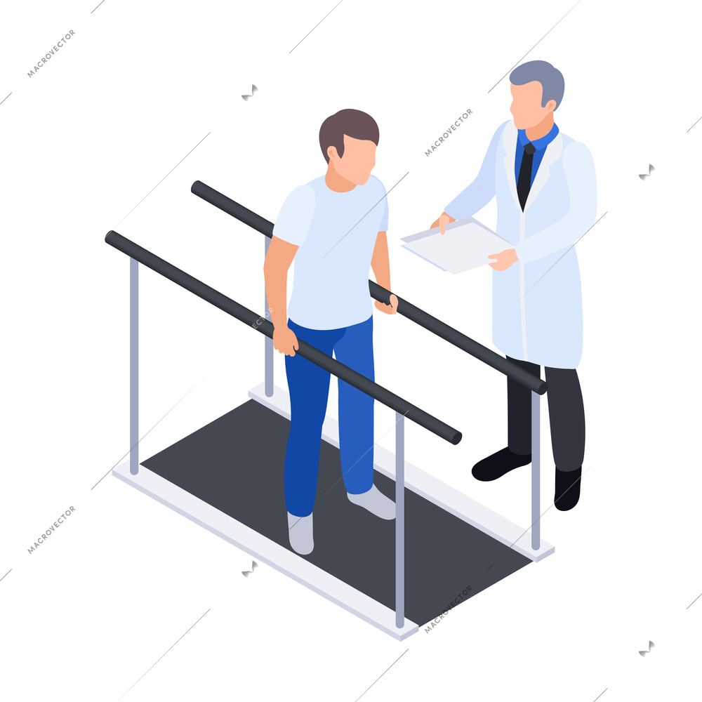 Physiotherapy rehabilitation isometric composition with doctor and patient standing on parallel bars vector illustration