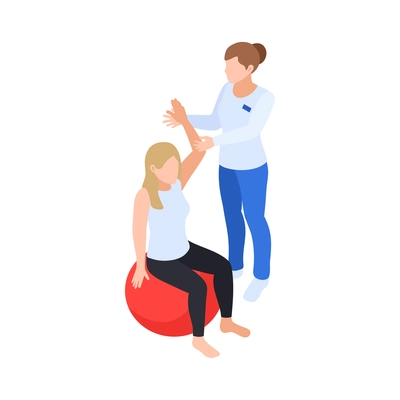 Physiotherapy rehabilitation isometric composition with patient sitting on ball and doctor holding her hand vector illustration