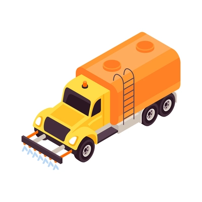 Isometric snowplow vehicle equipment cleaning road composition with isolated image of watering truck vector illustration