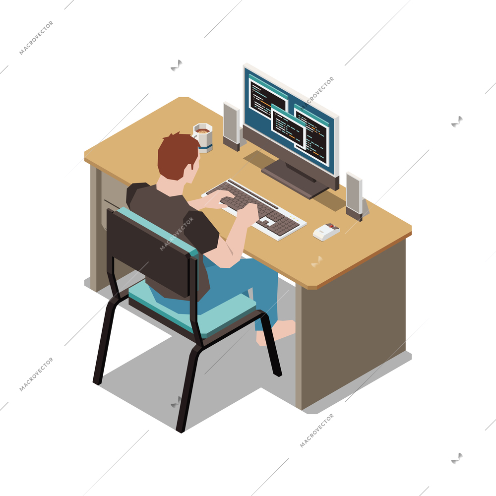 Stay at home isometric composition with male character sitting at table programming on computer vector illustration