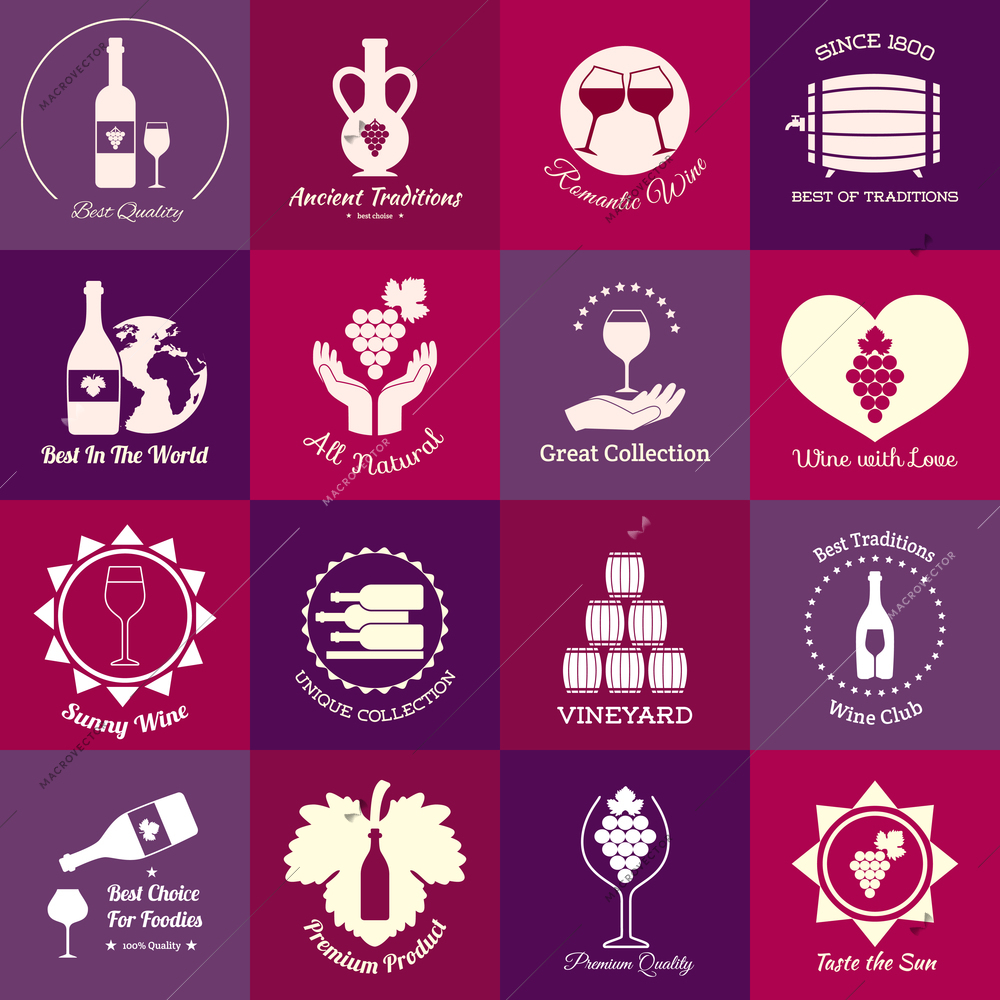 Wine emblems set of grape branch winery barrel isolated vector illustration