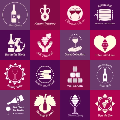 Wine emblems set of grape branch winery barrel isolated vector illustration