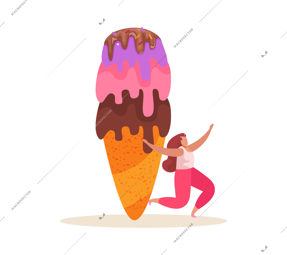 Sweets and people flat composition with female character and ice cream with multi layer topping vector illustration