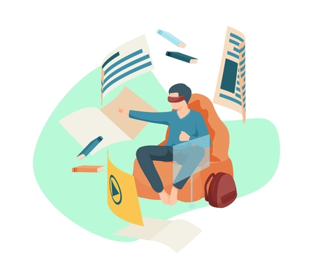 Modern students flat composition with young person wearing vr glasses surrounded by papers and video content vector illustration