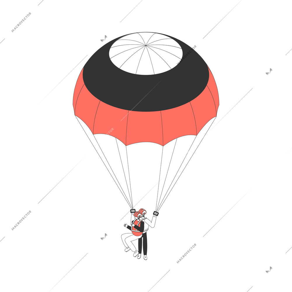 Air tourism extreme isometric composition with view of man jumping with open parachute and instructor vector illustration