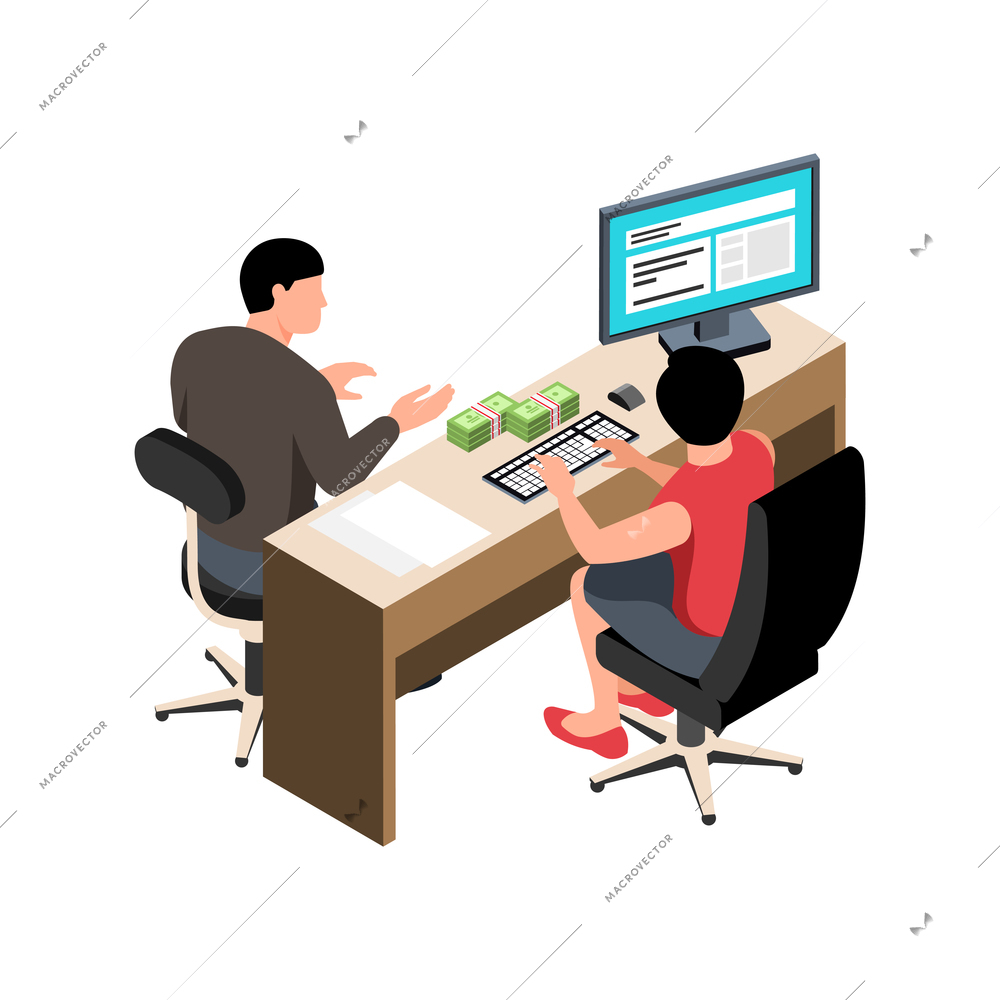 Isometric bank composition with clerk and client sitting at table with money vector illustration